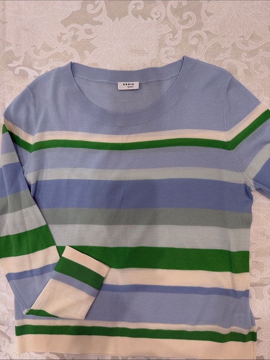 Akris Punto Sweaters - Akris Punto Women’s Pastel Blue Crewneck with Green & Cream Stripes